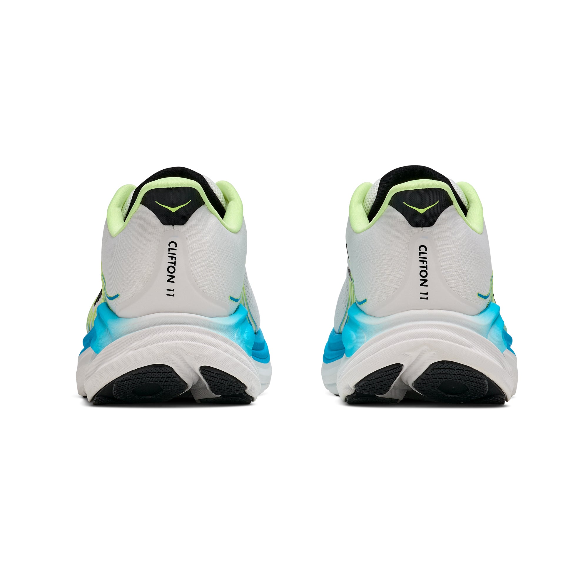 white, blue, black, neon green sneakers on a white background