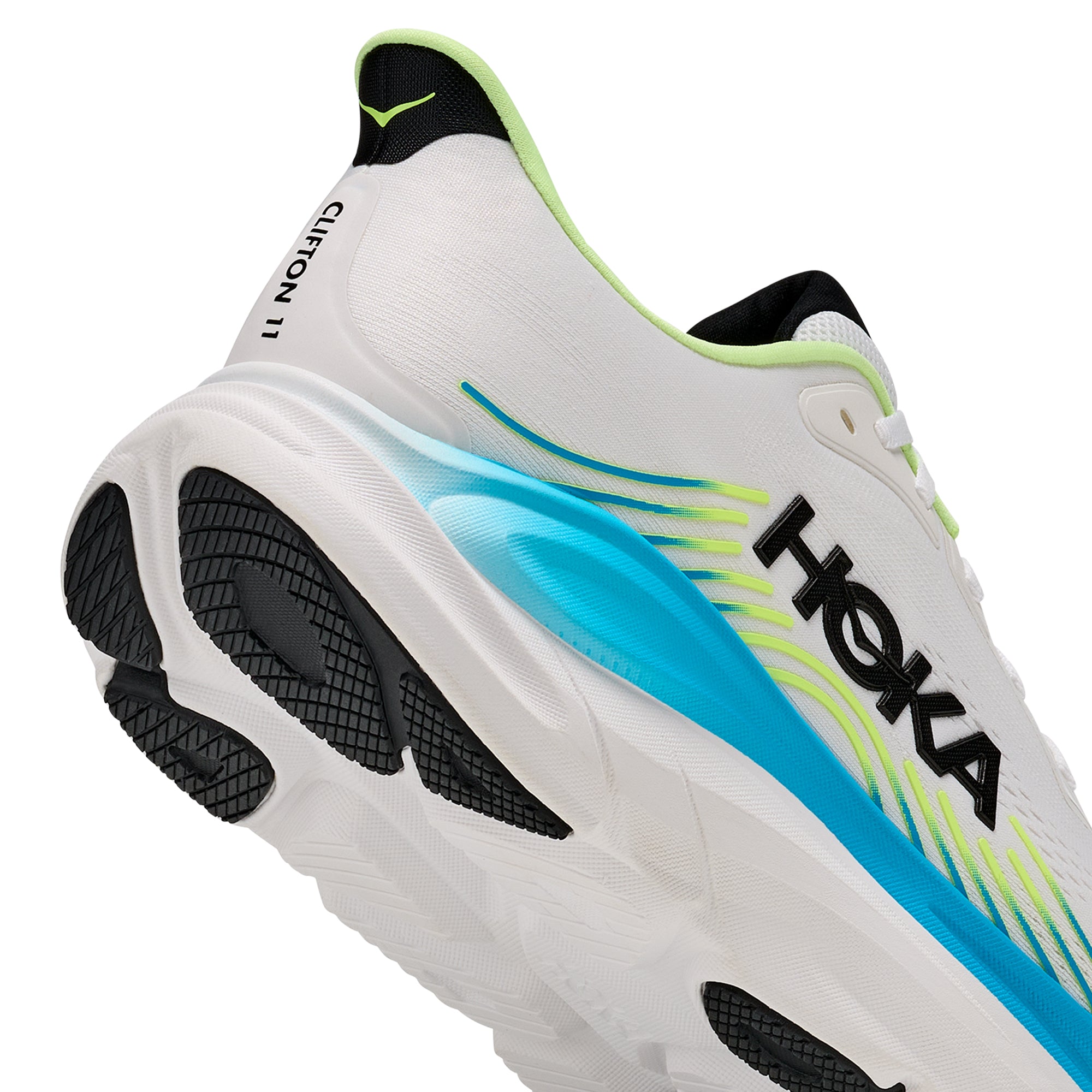 white, blue, black, neon green sneakers on a white background
