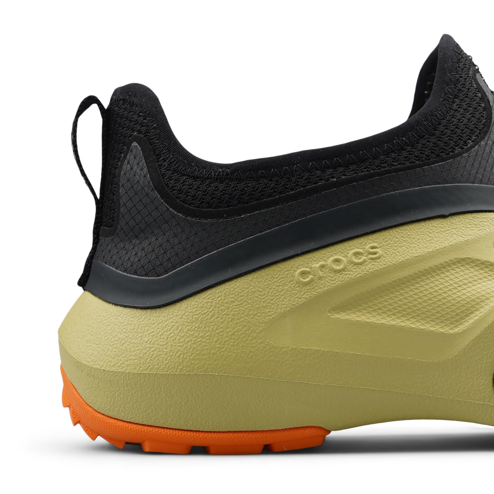 black green and orange mid sneaker clogs on a white background