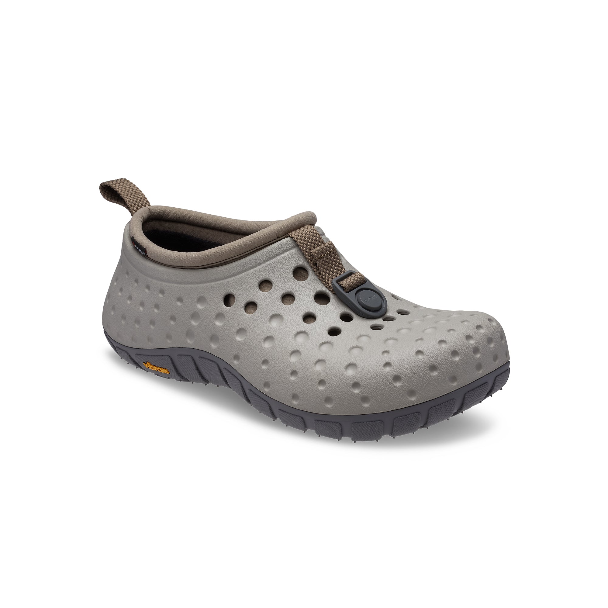 Grey and taupe clogs on a white background