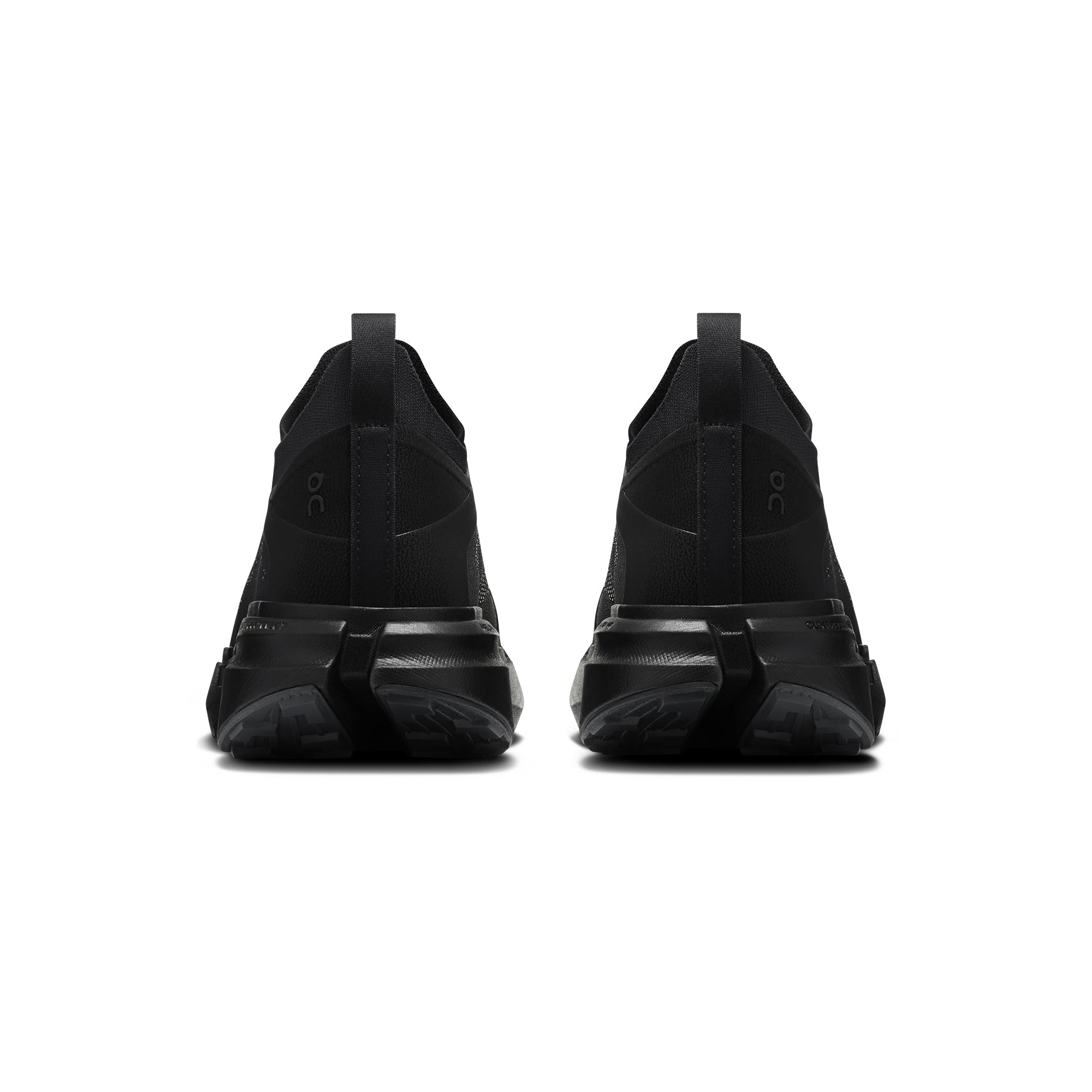 Black athletic sneakers shown from the back, featuring a chunky black sole and a small embossed 'o2' logo on the heel, set against a plain white background.