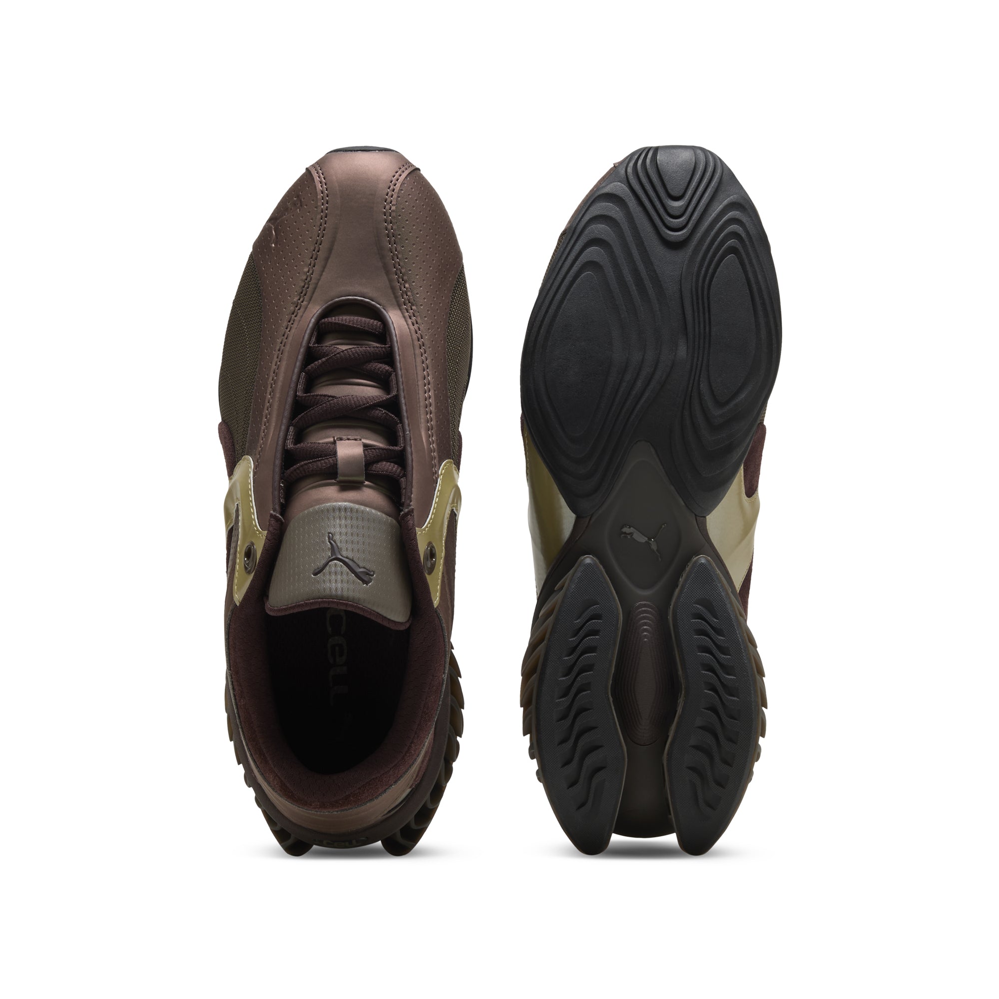 brown, bronze camo green sneakers on a white background