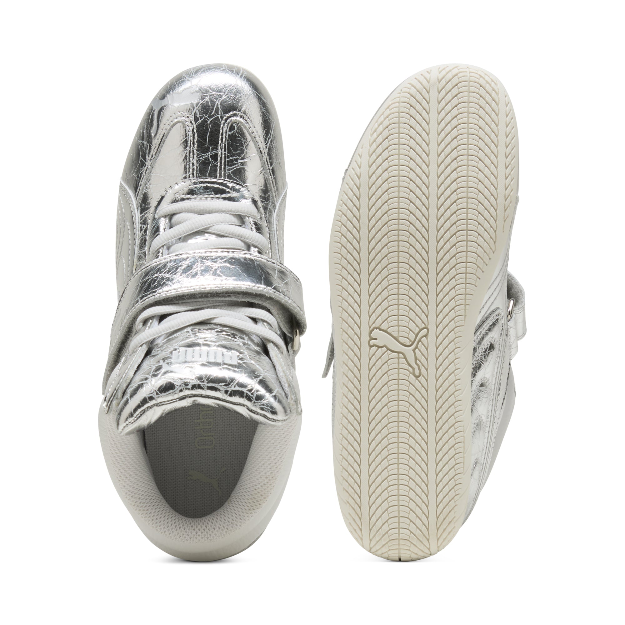 silver and white sneakers on a white background