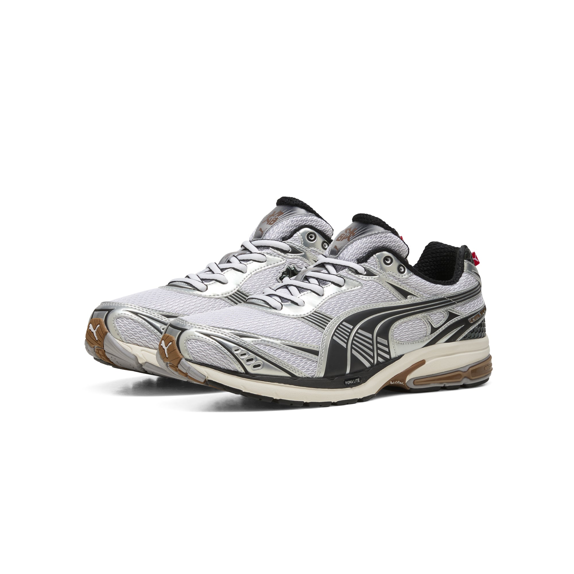 grey black tan brown sneakers on a white background