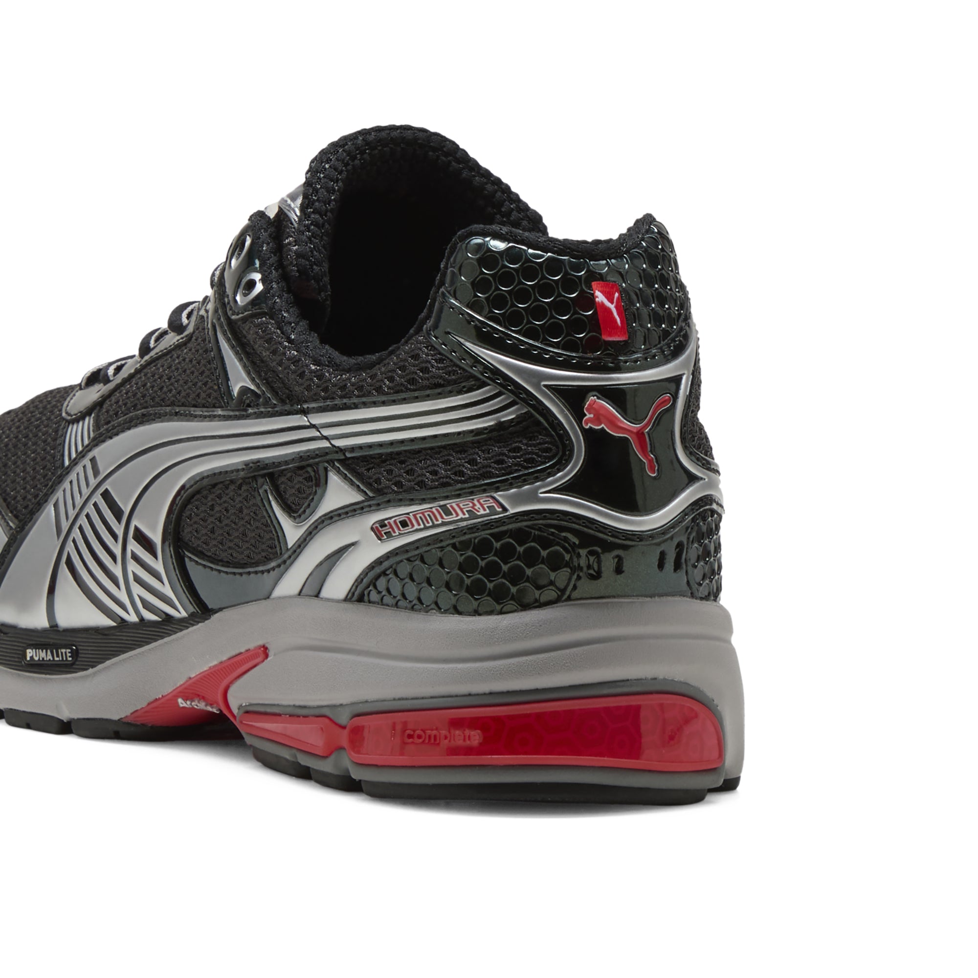 black silver red sneakers on a white background