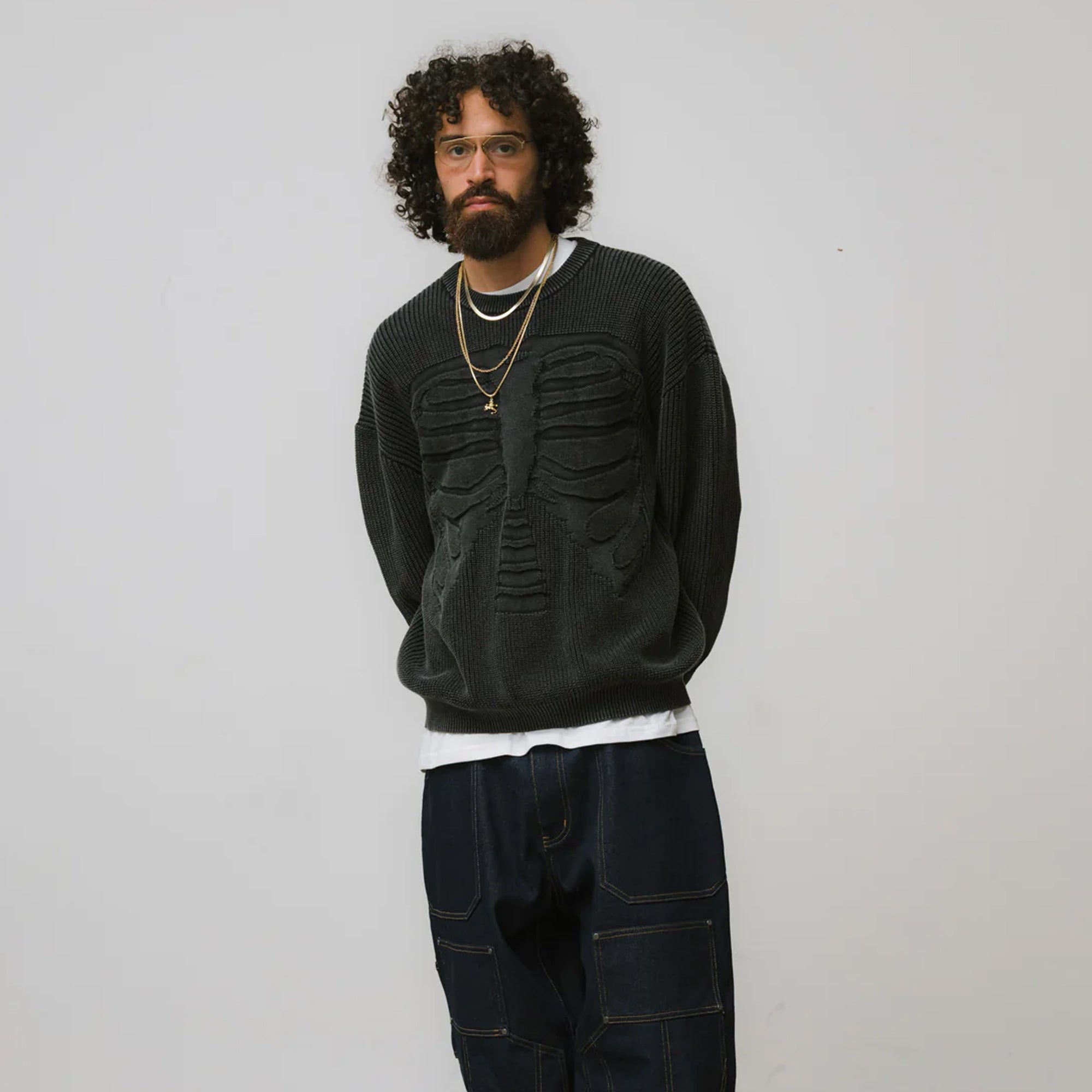 Brigade Mens Acid Wash Bones 3D Knit Sweatshirt