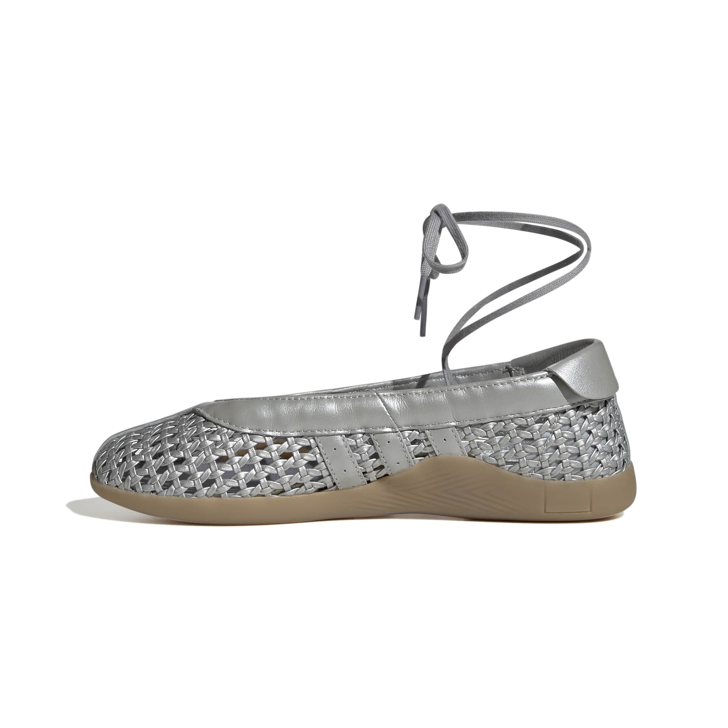 silver and gum ballet sneakers on a white background