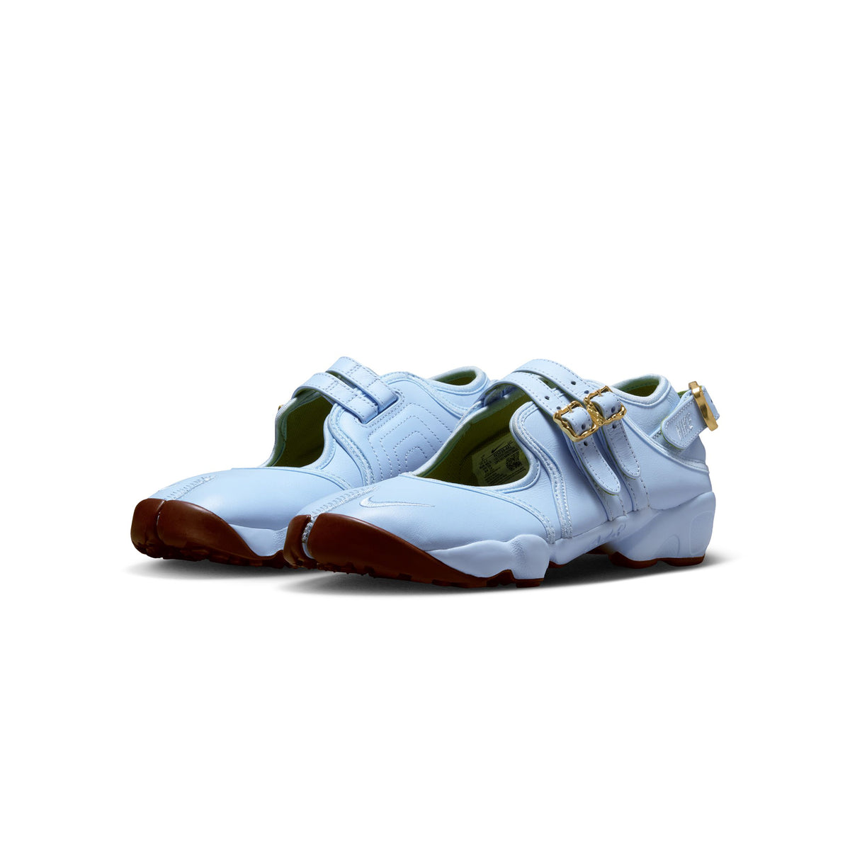 blue brown and gold sneakers on a white background