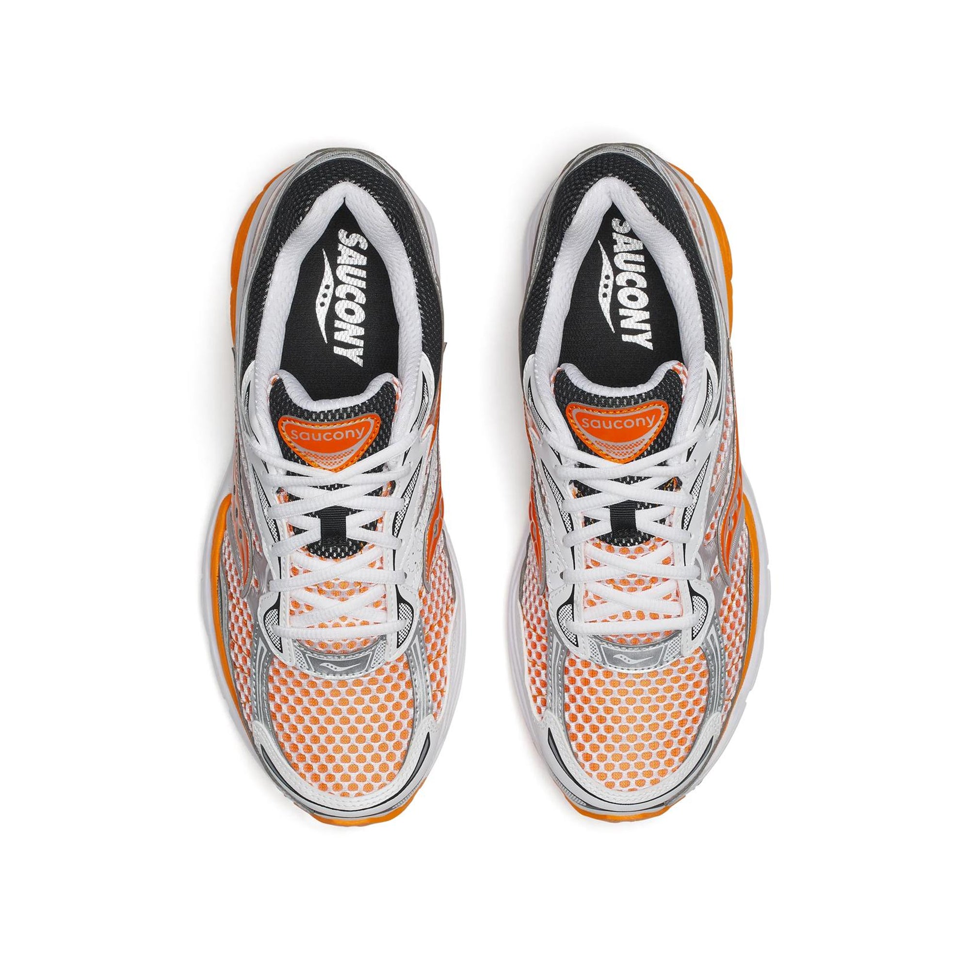 white orange black and silver sneakers on a white background