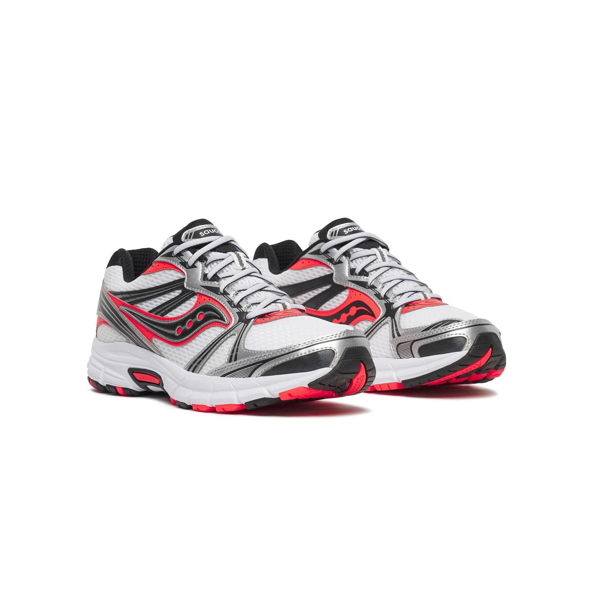 white silver neon red sneakers on a white background