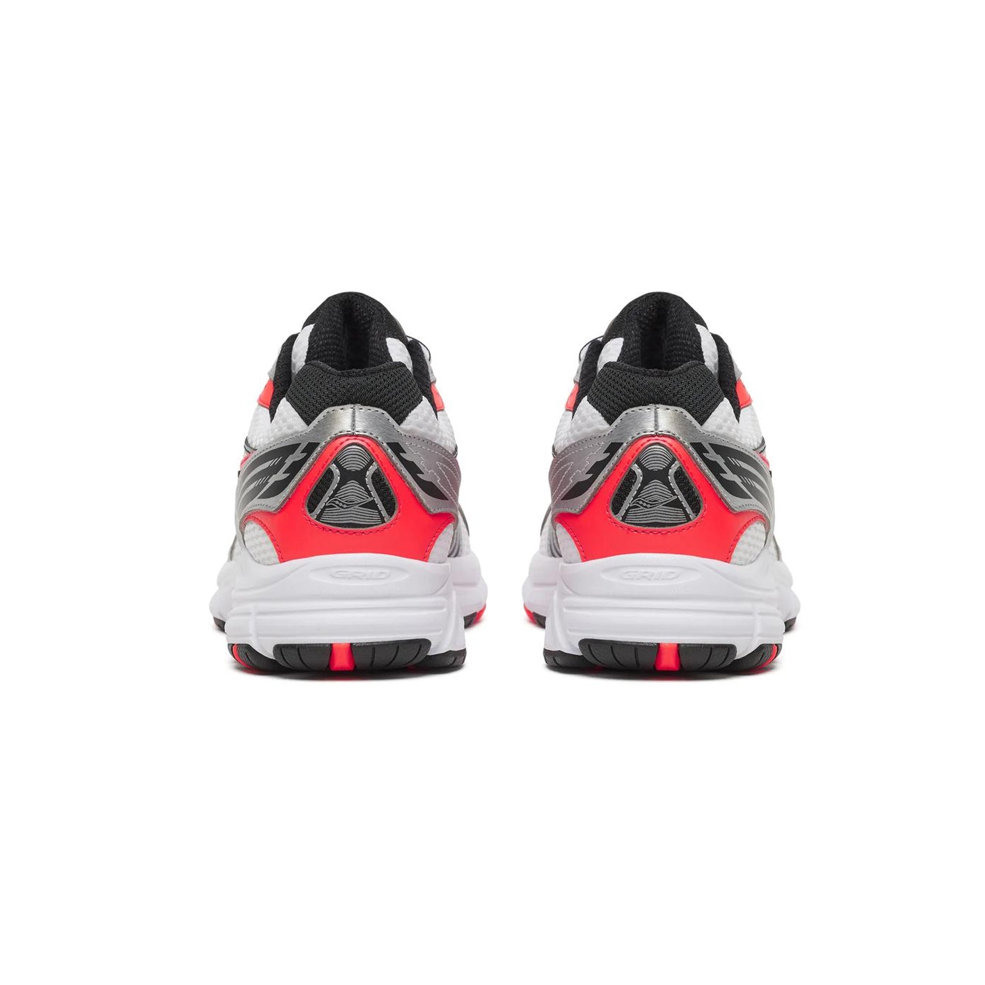 white silver neon red sneakers on a white background