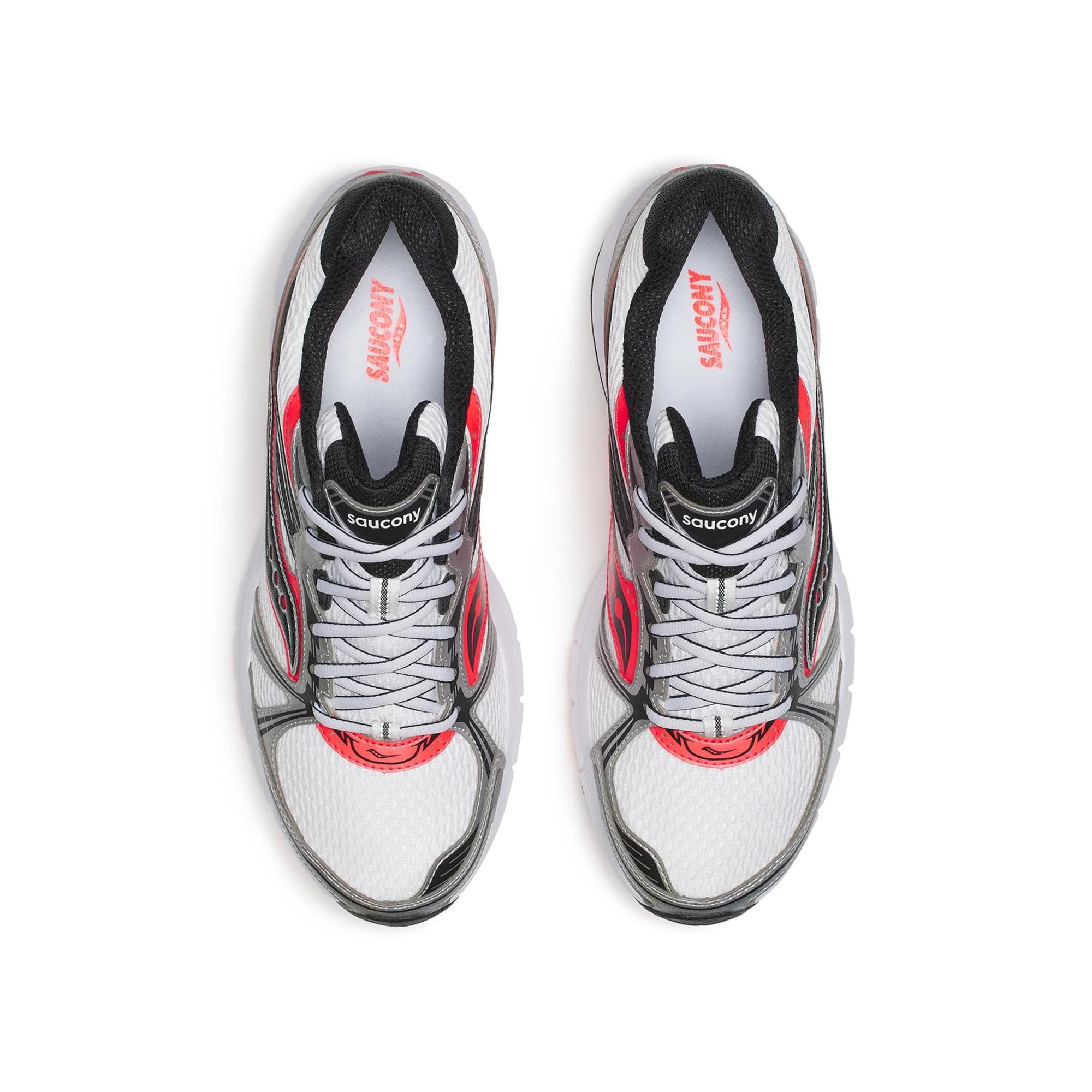 white silver neon red sneakers on a white background