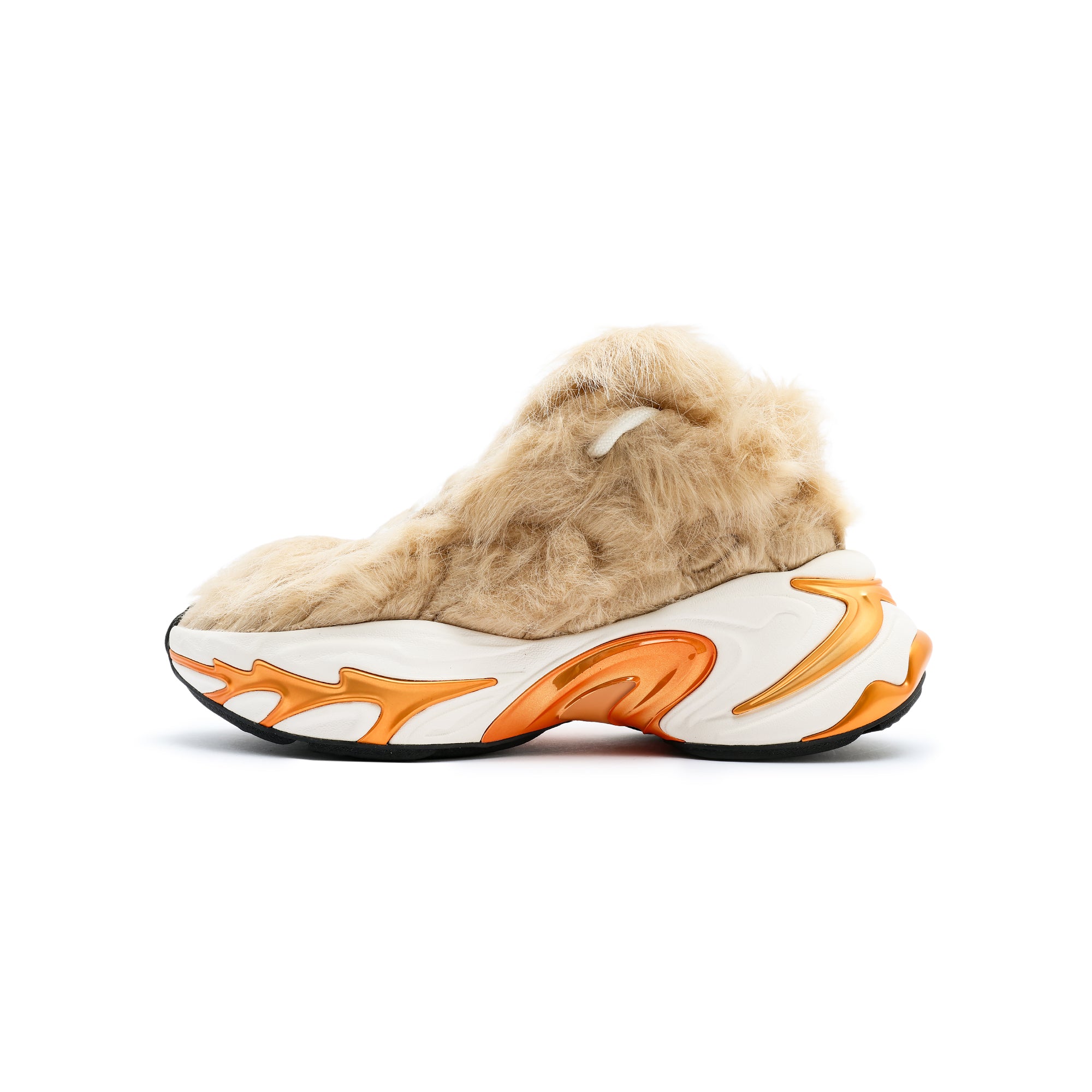 tan fur white and orange sneakers on a white background