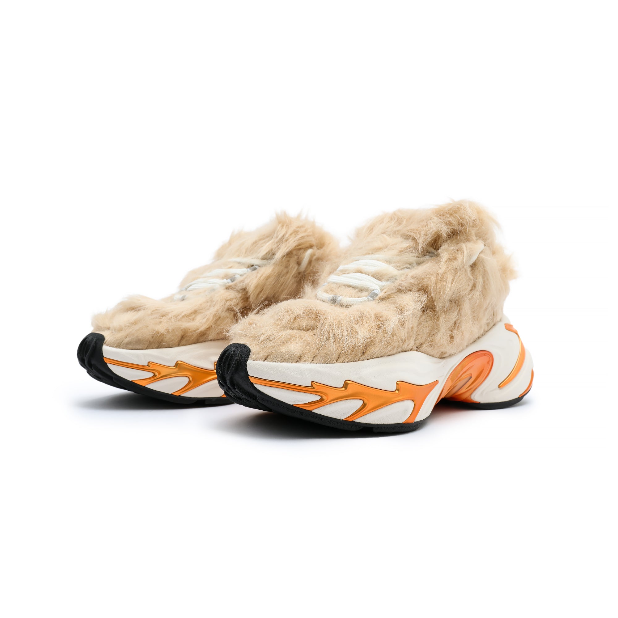 tan fur white and orange sneakers on a white background