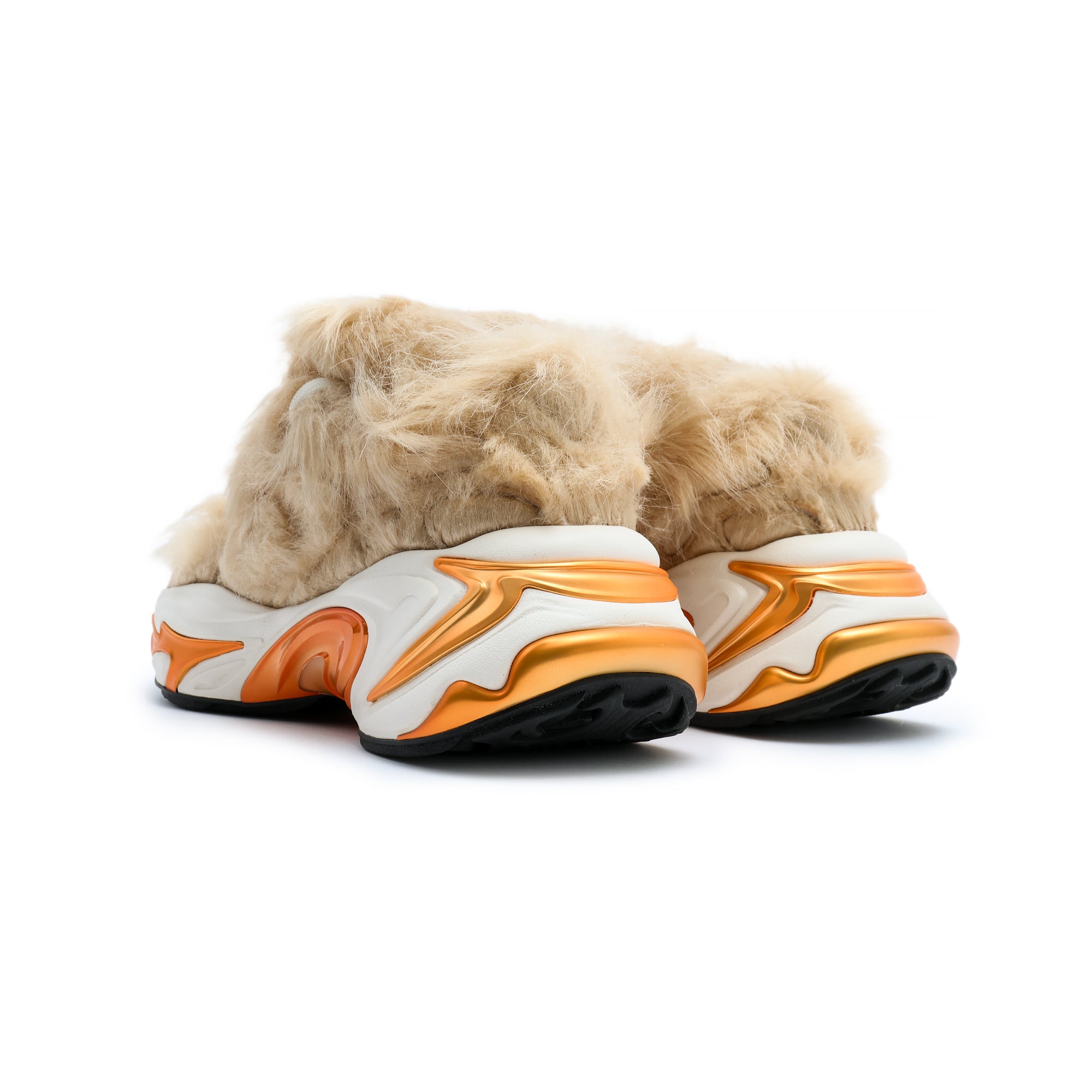 tan fur white and orange sneakers on a white background