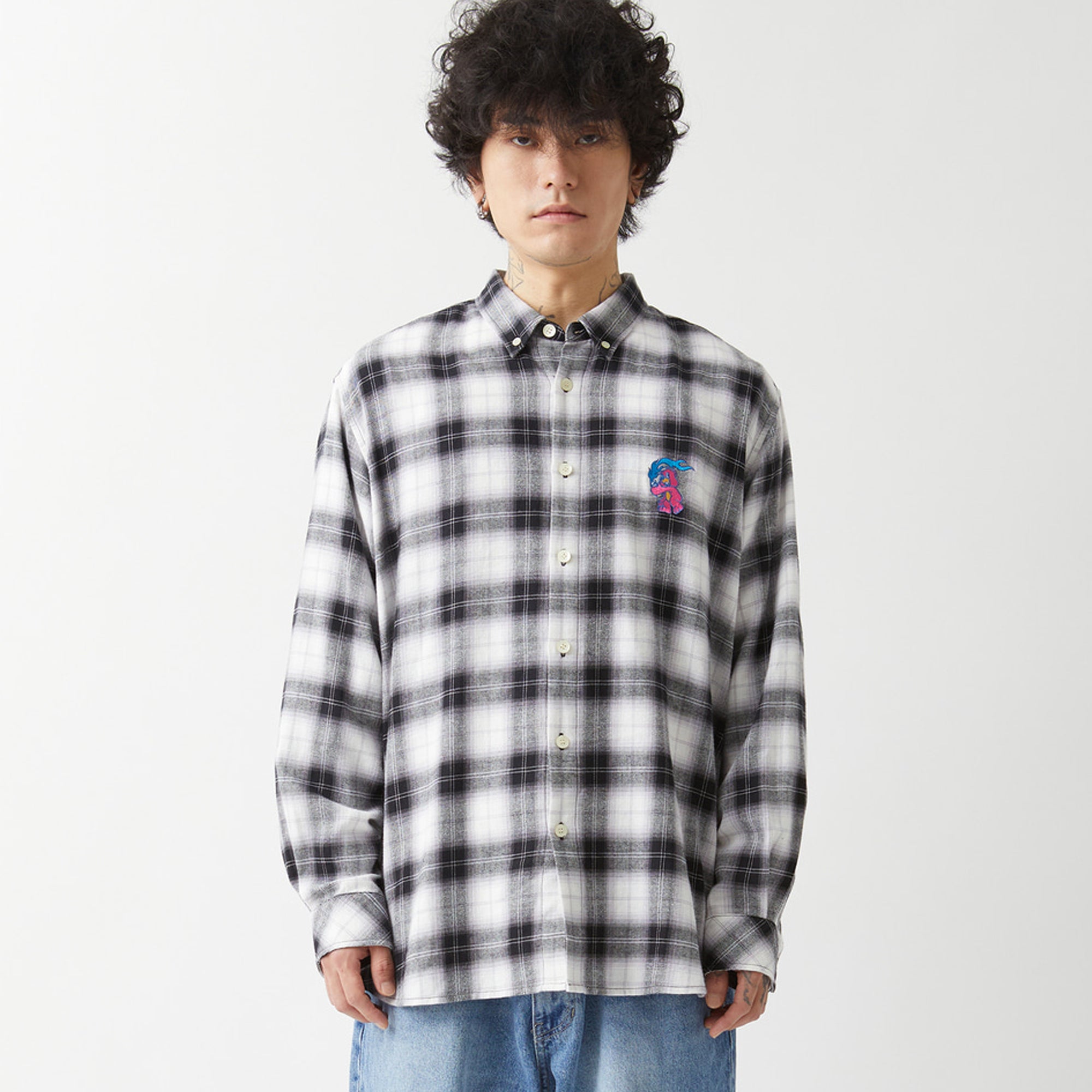 LMC Mens Flame Bear Ombre Plaid Shirt 'Black'