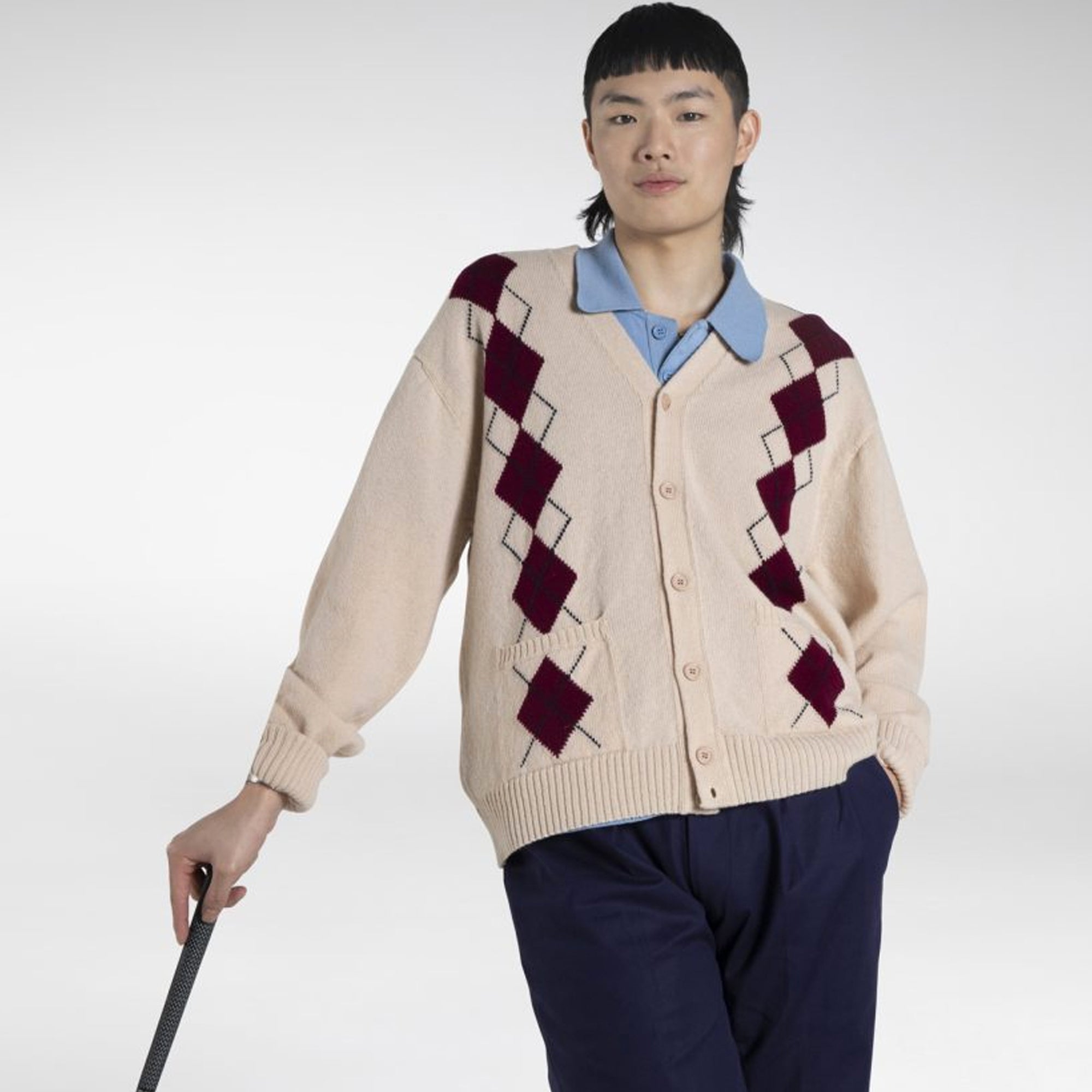 Manors Mens Argyle Striped Cardigan Cream