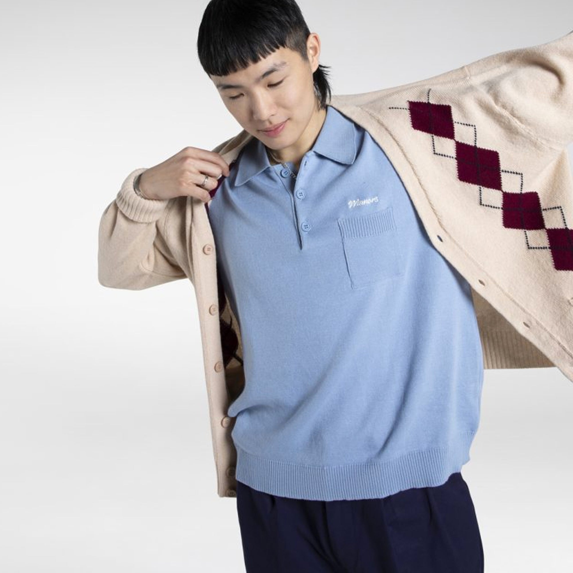 Manors Mens Argyle Striped Cardigan Cream